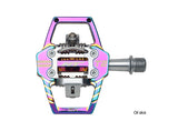 SSS Racing HT T2-SX BMX Racing Clip Pedals feature iridescent purple-pink anodized aluminum body, steel cage, gold pins.