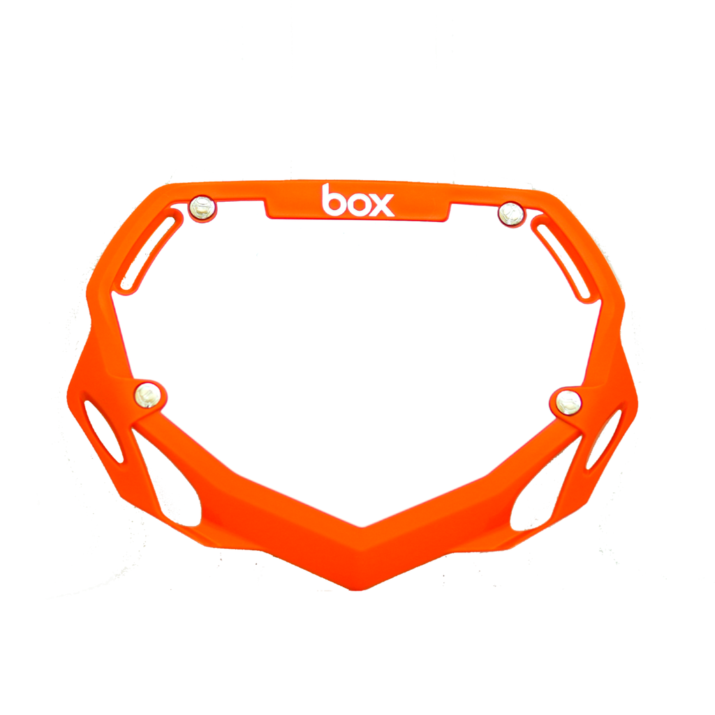 Box Two BMX Number Plates by SSS Racing in bright orange lightweight plastic, angular frame with bolt holes and cutouts!