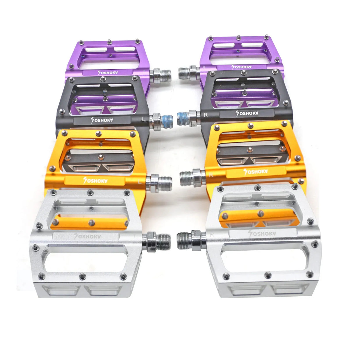 Yoshoka Race Pedal YSA-BRP303 by SSS Racing in purple, blue, orange, gray anodized aluminum, textured pedal body screws.