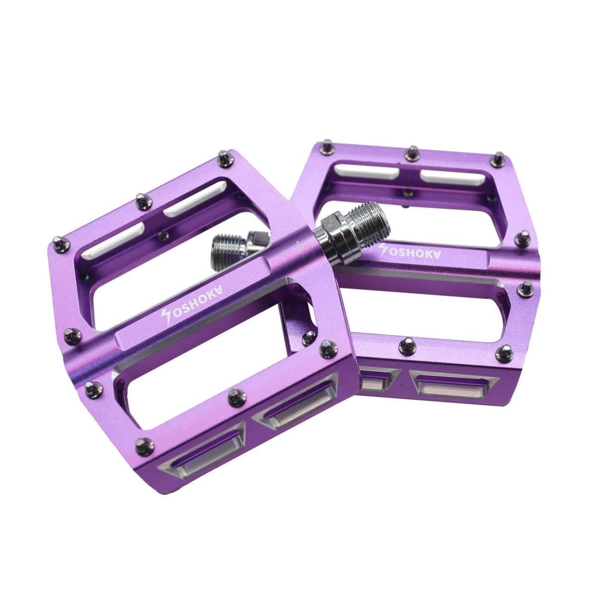 Yoshoka Race Pedal YSA-BRP303 by SSS Racing in purple aluminum with silver hardware, textured tread, CNC machined, compact.