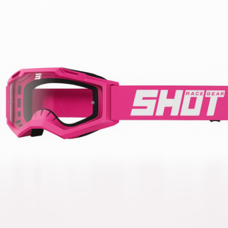 SHOT Racegear Rocket Kids 2.0 Goggles: pink frame, black foam, clear lens, wide strap with SHOT RACEGEAR SSS Racing branding.