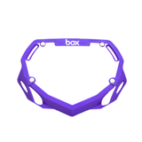 Box Two BMX Number Plates by SSS Racing in vivid purple, durable plastic frame with cutouts, silver bolts, bold white logo.