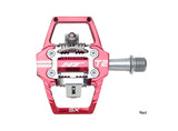 SSS Racing HT T2-SX BMX Racing Clip Pedals in red aluminum alloy body with silver spindle and textured steel grip, rugged.