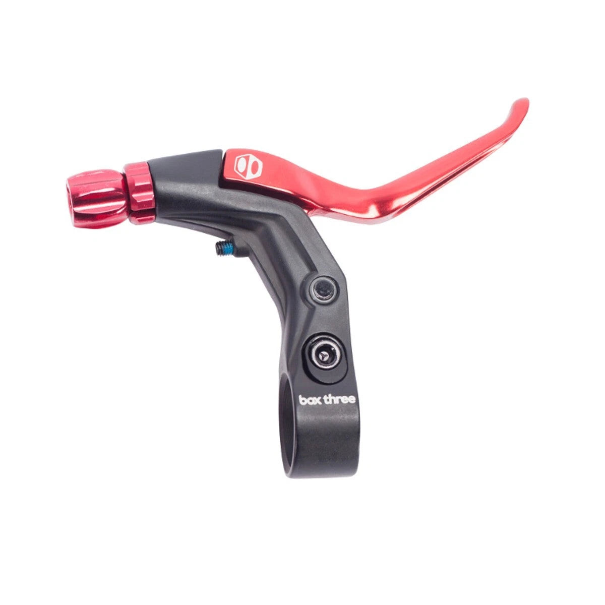 Box Three V-Point Long Reach Brake Lever by SSS Racing Red anodized lever with black body, alloy bolts, precise grip, tight
