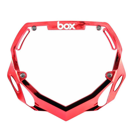 Box Two BMX Number Plates (Chrome) SSS Racing chrome red frame, metallic finish, bold box logo, sporty cutouts, high-gloss.