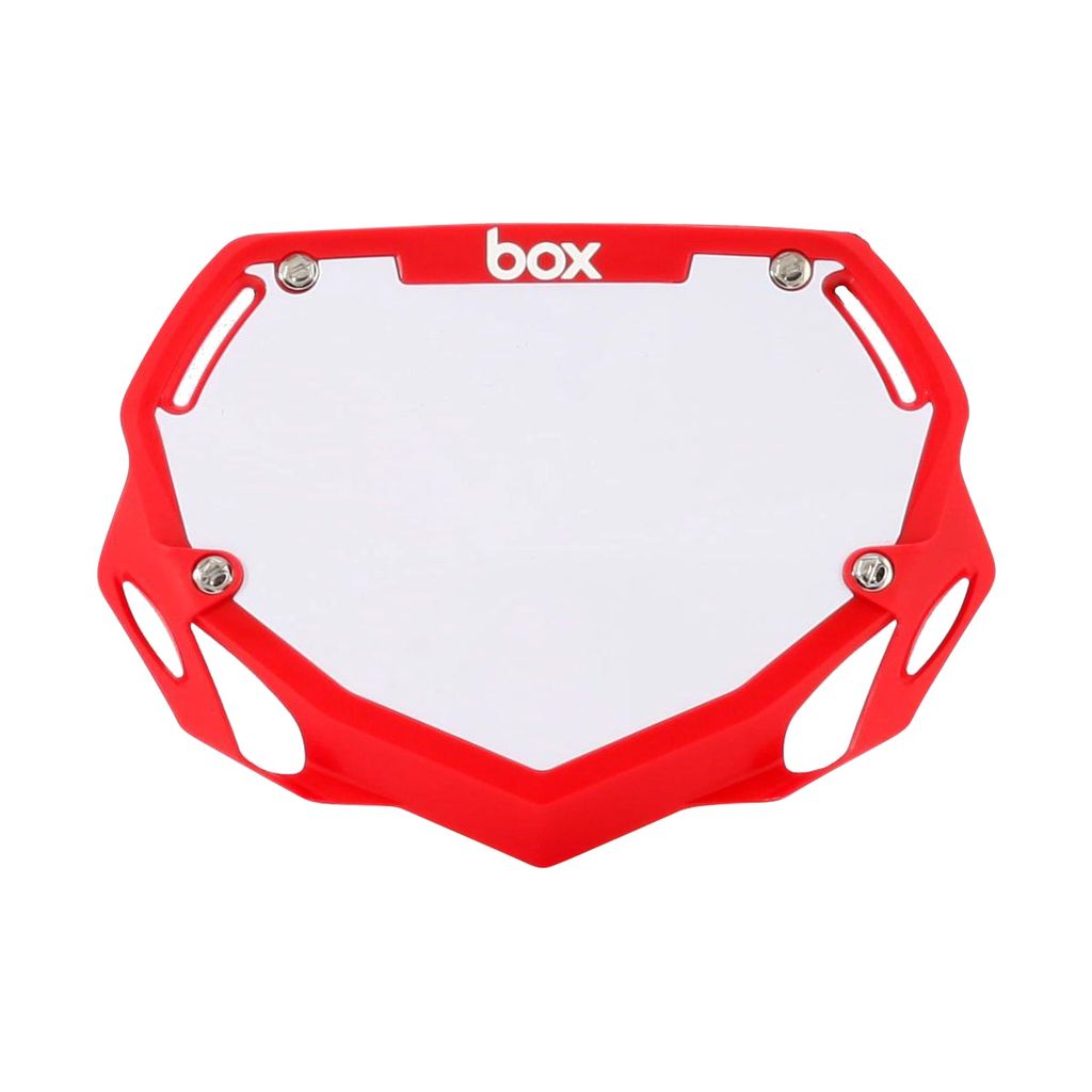 SSS Racing Box Two BMX Number Plates: red lightweight frame surrounds a white plate, silver screws, and bold 'box' logo.