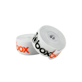 SSS Racing Box One Rim Tape (Adhesive) 20" or 24" white adhesive rim tape, nylon with bold orange/black logo, neatly rolled.