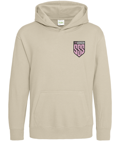 Beige SSS Racing SSS Kids Hoodie (Unisex) in cotton-blend fleece with pink shield logo, kangaroo pocket, ribbed soft cuffs.