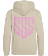 SSS Racing SSS Kids Hoodie (Unisex) beige cotton fleece with pink geometric shield logo on back, soft, durable, comfy, cozy