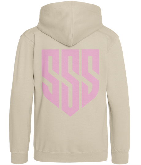 SSS Racing SSS Kids Hoodie (Unisex) beige cotton fleece with pink geometric shield logo on back, soft, durable, comfy, cozy