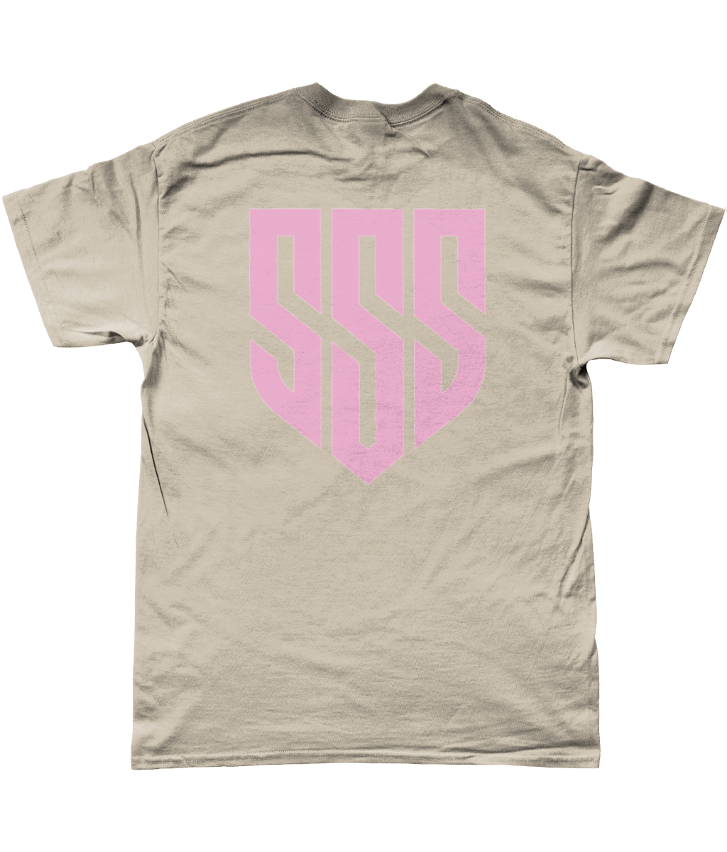 SSS Racing Tee (Unisex T-Shirt) cotton tee with bold pastel pink shield logo centered, breathable fabric, premium quality!
