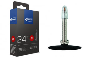 Schwalbe bicycle tube packaging with a clear tube on a white background