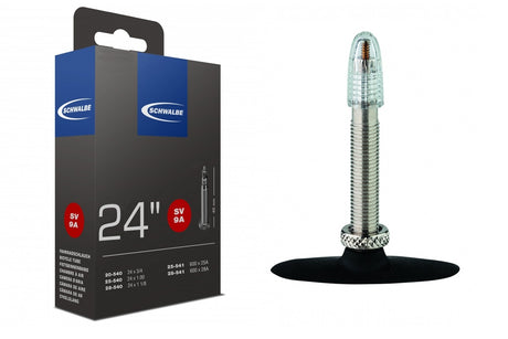 Schwalbe bicycle tube packaging with a clear tube on a white background