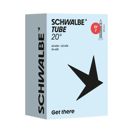 SSS Racing Schwalbe Inner Tube 20" SV7 1.5-2.4" NAME in blue box, bold black text, rubber packaging, star, 40 mm gauge. 