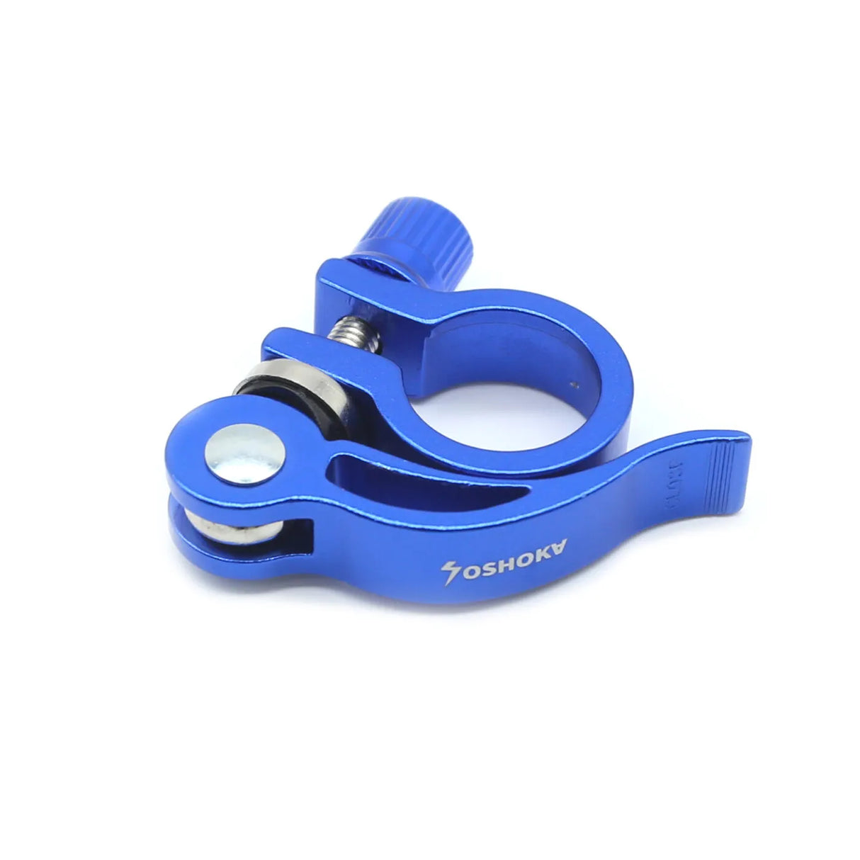 Yoshoka Quick release Seat Post Clamp (31.8mm) by SSS Racing in blue anodized aluminum with silver bolt and ergonomic lever.