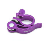 SSS Racing Yoshoka Quick release Seat Post Clamp (31.8mm) in purple aluminum with silver bolts, CNC finish, compact lever.