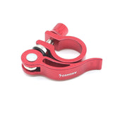 Yoshoka Quick release Seat Post Clamp (31.8mm) red aluminum body with silver bolt, SSS Racing branding for secure bike fit.