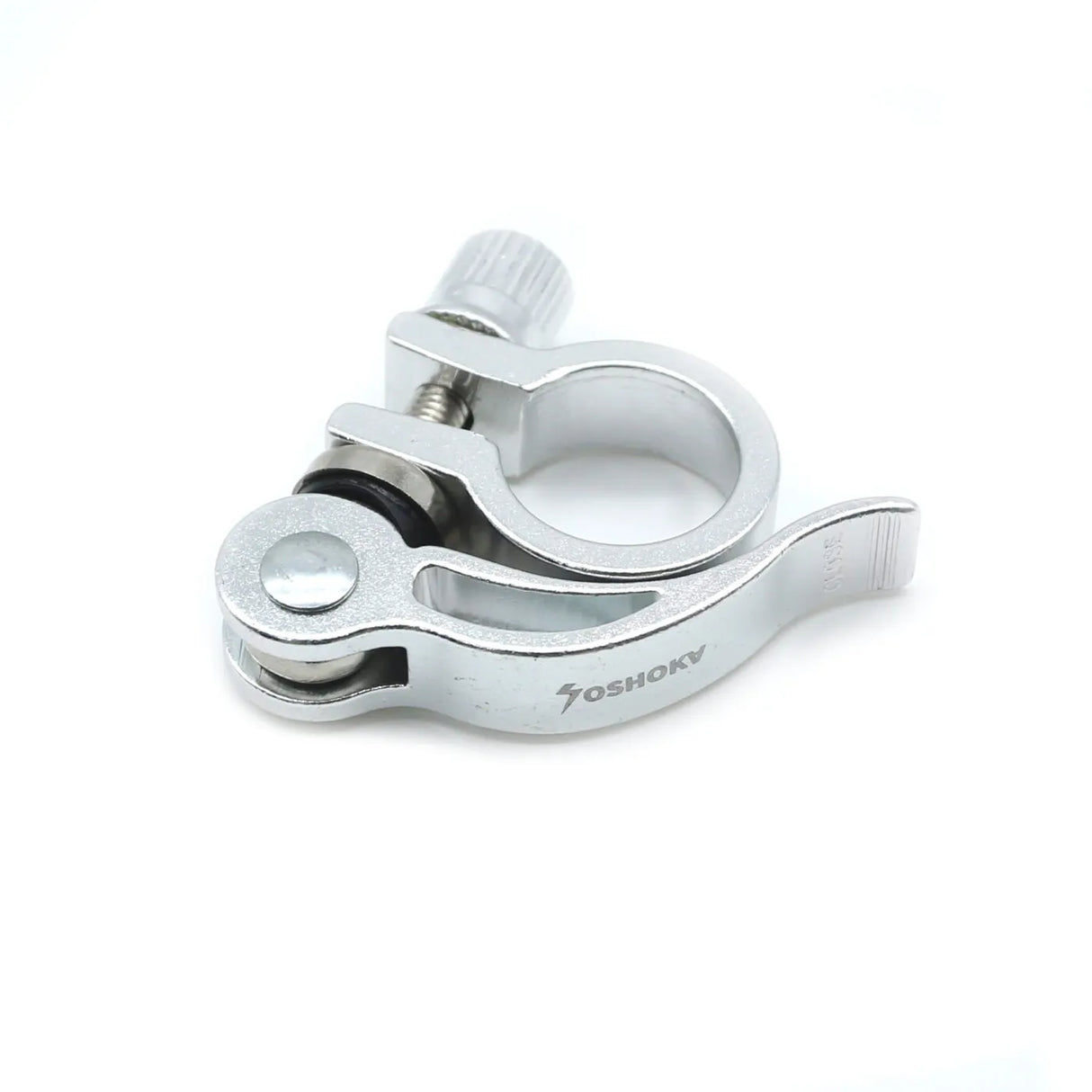 SSS Racing Yoshoka Quick release Seat Post Clamp (31.8mm) silver aluminum, CNC machined, black gasket, ergonomic lever grip.