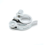 SSS Racing Yoshoka Quick release Seat Post Clamp (31.8mm) silver aluminum, CNC machined, black gasket, ergonomic lever grip.