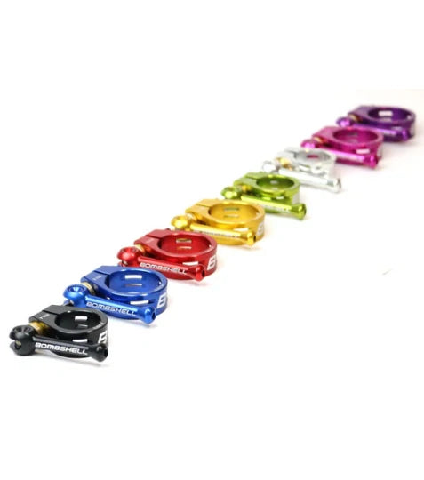 SSS Racing Bombshell Seat Post Clamp 31.8mm (Ti) titanium finish with blue, red, green, gold, purple anodized colors, CNC.