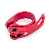 Box Two Quick Release Seat Post Clamp 31.8mm by SSS Racing, vivid red anodized aluminum finish, black bolt, logo on clamp
