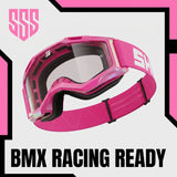 SSS Racing SHOT Racegear Rocket Kids 2.0 Goggles: bright pink frame, polycarbonate lens, adjustable pink strap with logo BMX racing
