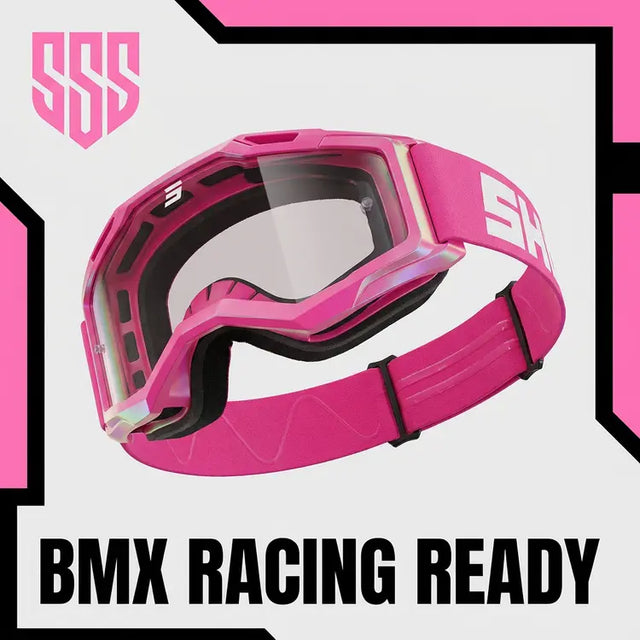 SSS Racing SHOT Racegear Rocket Kids 2.0 Goggles: bright pink frame, polycarbonate lens, adjustable pink strap with logo BMX racing