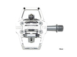 HT T2-SX BMX Racing Clip Pedals by SSS Racing USA in silver alloy with steel springs, gray body, aluminum spindle visible.