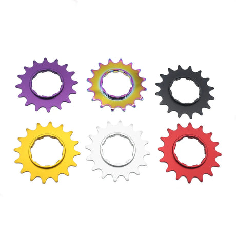 Yoshoka Sprocket (Rear Cog) by SSS Racing, iridescent rainbow alloy cog in purple, gold, black, yellow, white, red finishes.