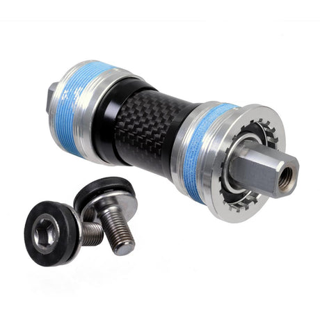 SSS Racing Karyotype JIS Square Taper Bottom Bracket with silver aluminum shell, blue seals, carbon fiber, black bolts set.