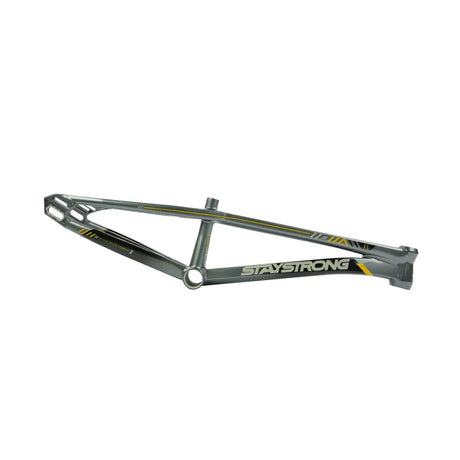 Stay Strong For Life V6.0 2027 BMX Race Frame PREORDER in metallic gray with yellow accents, angular tubing and dropouts
