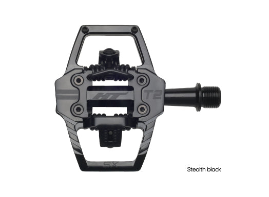 SSS Racing HT T2-SX BMX Racing Clip Pedals in stealth black aluminum alloy with steel axle textured paddles hex designed.