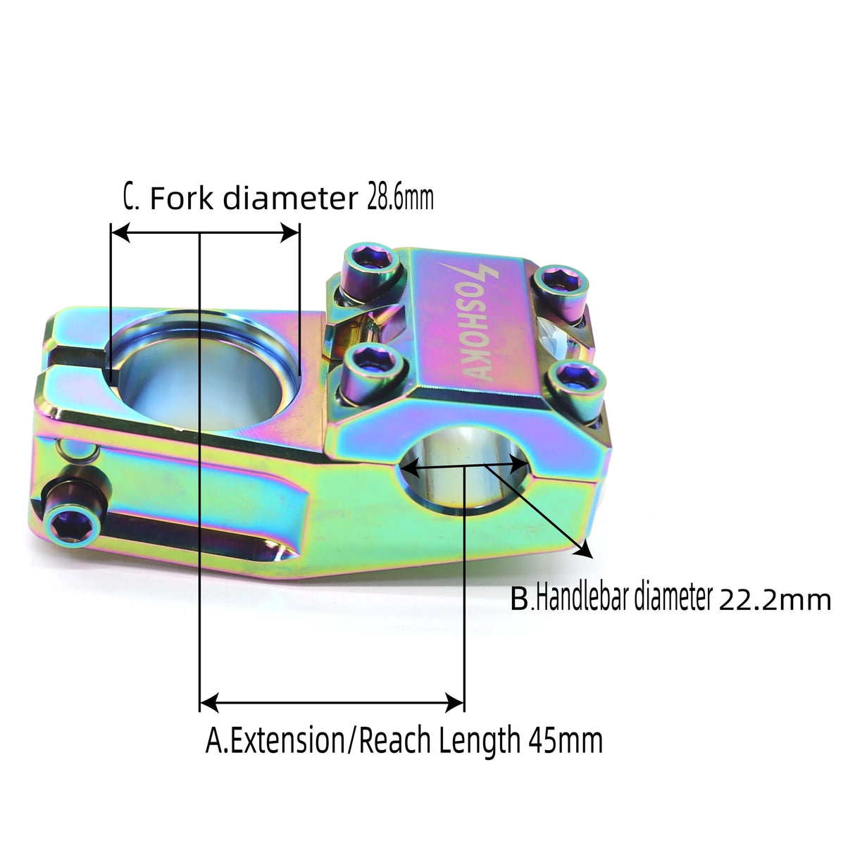 Yoshoka Stem 1-1/8” Steerer 45mm by SSS Racing in iridescent titanium with blue-purple hues, CNC aluminum 22.2mm clamp for BMX.