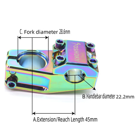 Yoshoka Stem 1-1/8” Steerer 45mm by SSS Racing in iridescent titanium with blue-purple hues, CNC aluminum 22.2mm clamp for BMX.