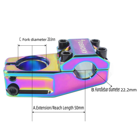 Yoshoka Stem 1-1/8” Steerer 50mm, rainbow anodized aluminum alloy by SSS Racing with blue-purple-green hues and black bolts.