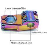 SSS Racing Yoshoka Stem 1-1/8” Steerer 55mm, rainbow titanium aluminum finish, blue purple gold hues, precision clamp design.