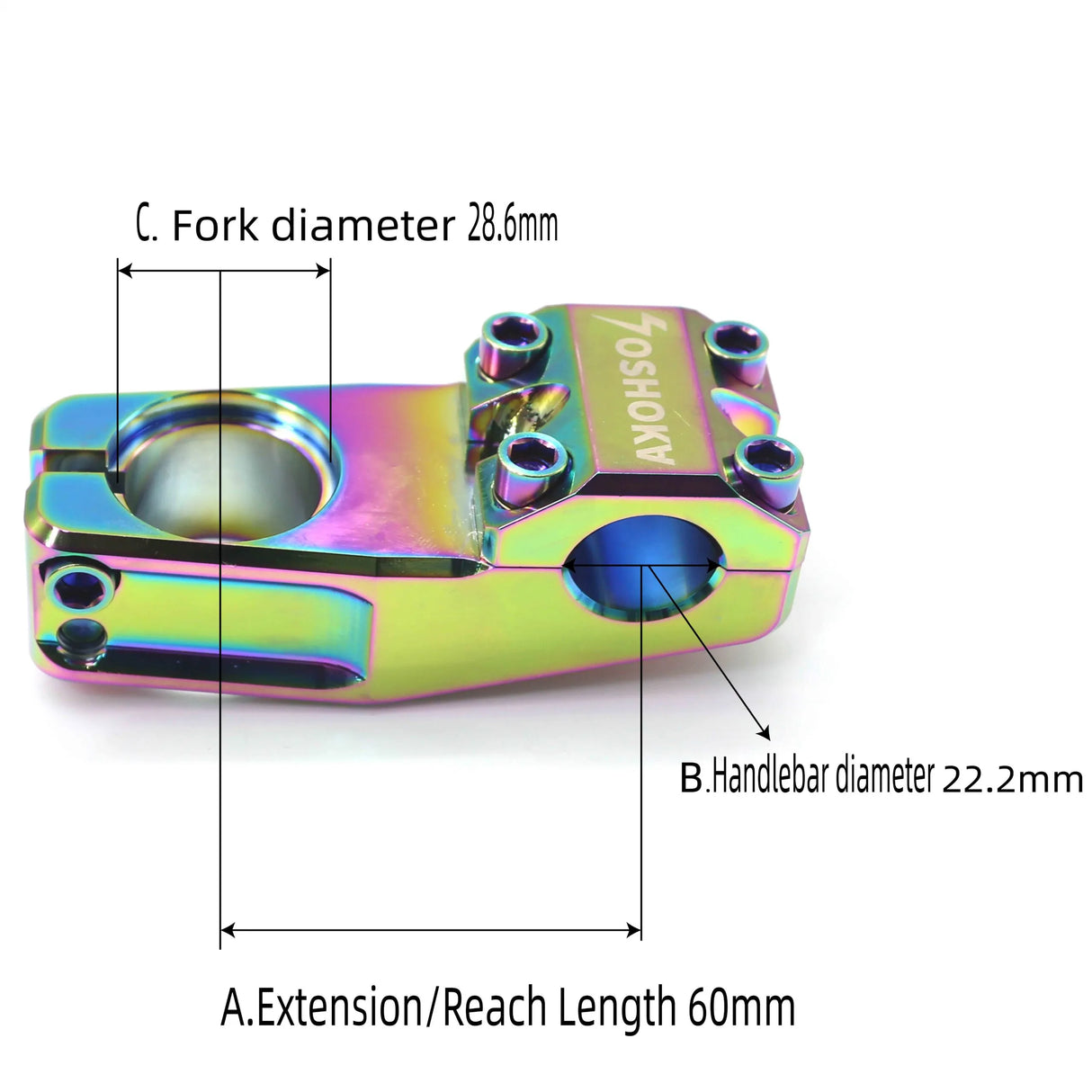 Yoshoka Stem 1-1/8” Steerer 60mm by SSS Racing in iridescent rainbow aluminum, blue anodized bolts, CNC-machined aluminum.
