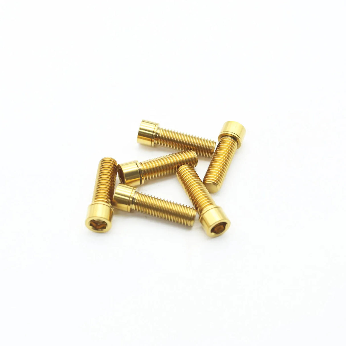 Yoshoka Titanium M8 Stem Bolts by SSS Racing gold titanium screws with hex socket heads, finely threaded, polished finish.
