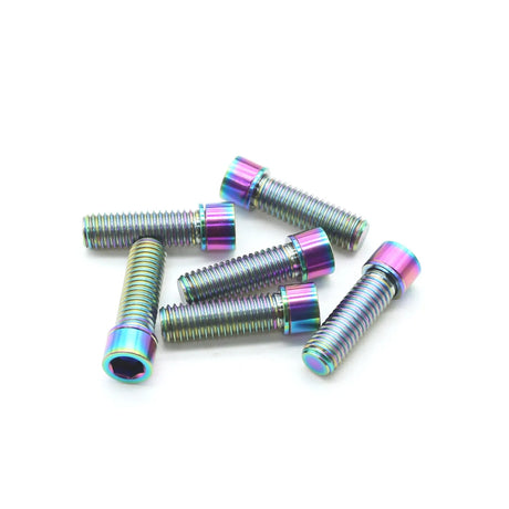 Yoshoka Titanium M8 Stem Bolts with rainbow anodized finish in blue purple teal hues, rainbow tones, SSS Racing for BMX use.
