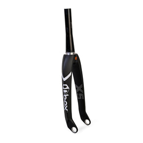 Box One Oversized X5 Pro Carbon Forks Tapered 1-1/8 24"Cruiser carbon forks with matte finish white gray decals. BMX racing. 