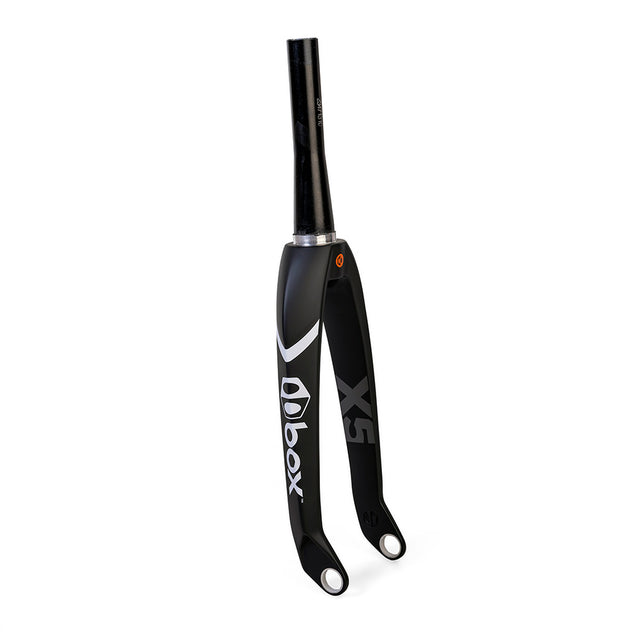 Box One Oversized X5 Pro Carbon Forks Tapered 1-1/8 24"Cruiser carbon forks with matte finish white gray decals. BMX racing. 