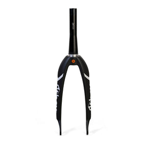 Box One Oversized X5 Pro Carbon Forks Tapered 1-1/8 24" Cruiser, black carbon with white-gray decals. Ideal for BMX racing. 