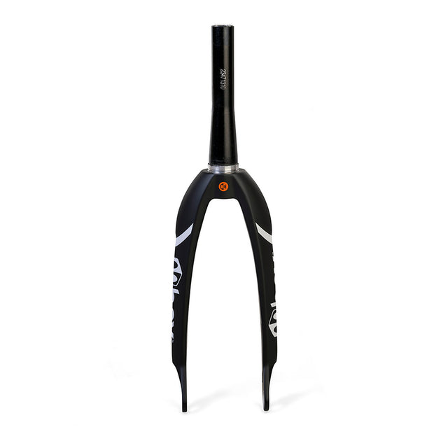 Box One Oversized X5 Pro Carbon Forks Tapered 1-1/8 24" Cruiser, black carbon with white-gray decals. Ideal for BMX racing. 