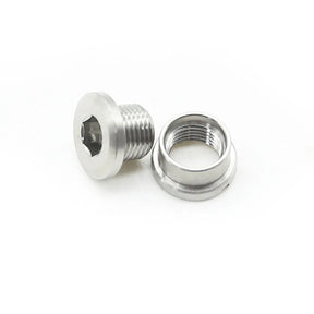 Yoshoka Titanium Chainring Bolts (8.5x4mm) by SSS Racing, silver titanium, hex-drive head, knurled flange, precise finish.