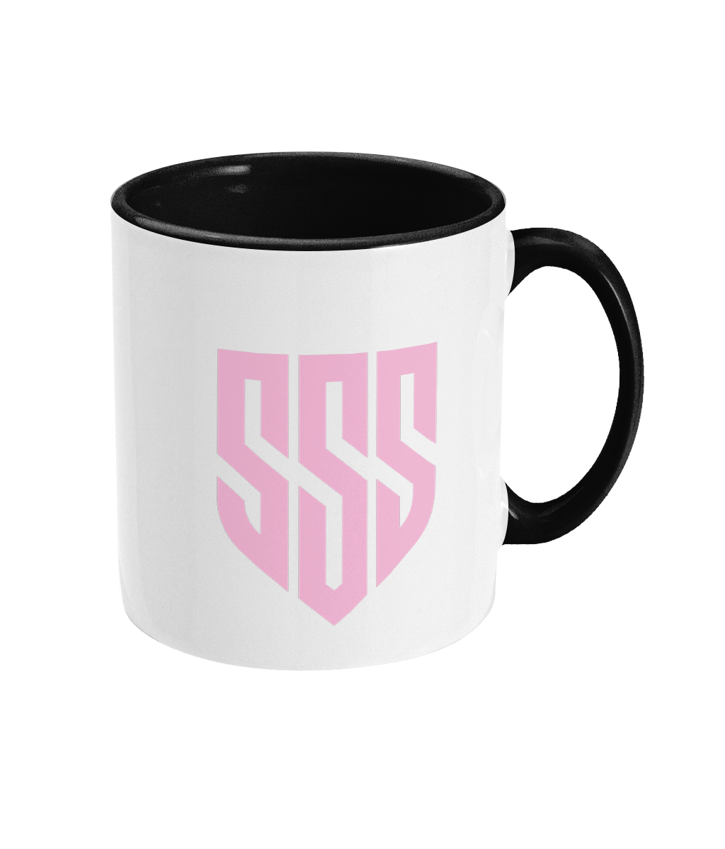 SSS Racing Two Tone Mug: white ceramic mug with black interior and handle, pink logo on front for bold, stylish coffee mug