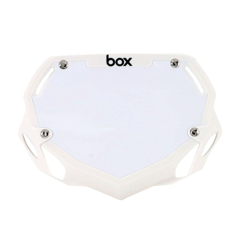Box Two BMX Number Plates by SSS Racing: white polycarbonate plate with white housing, silver screws, bold black 'box' logo.