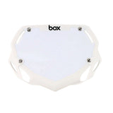 Box Two BMX Number Plates by SSS Racing: white polycarbonate plate with white housing, silver screws, bold black 'box' logo.