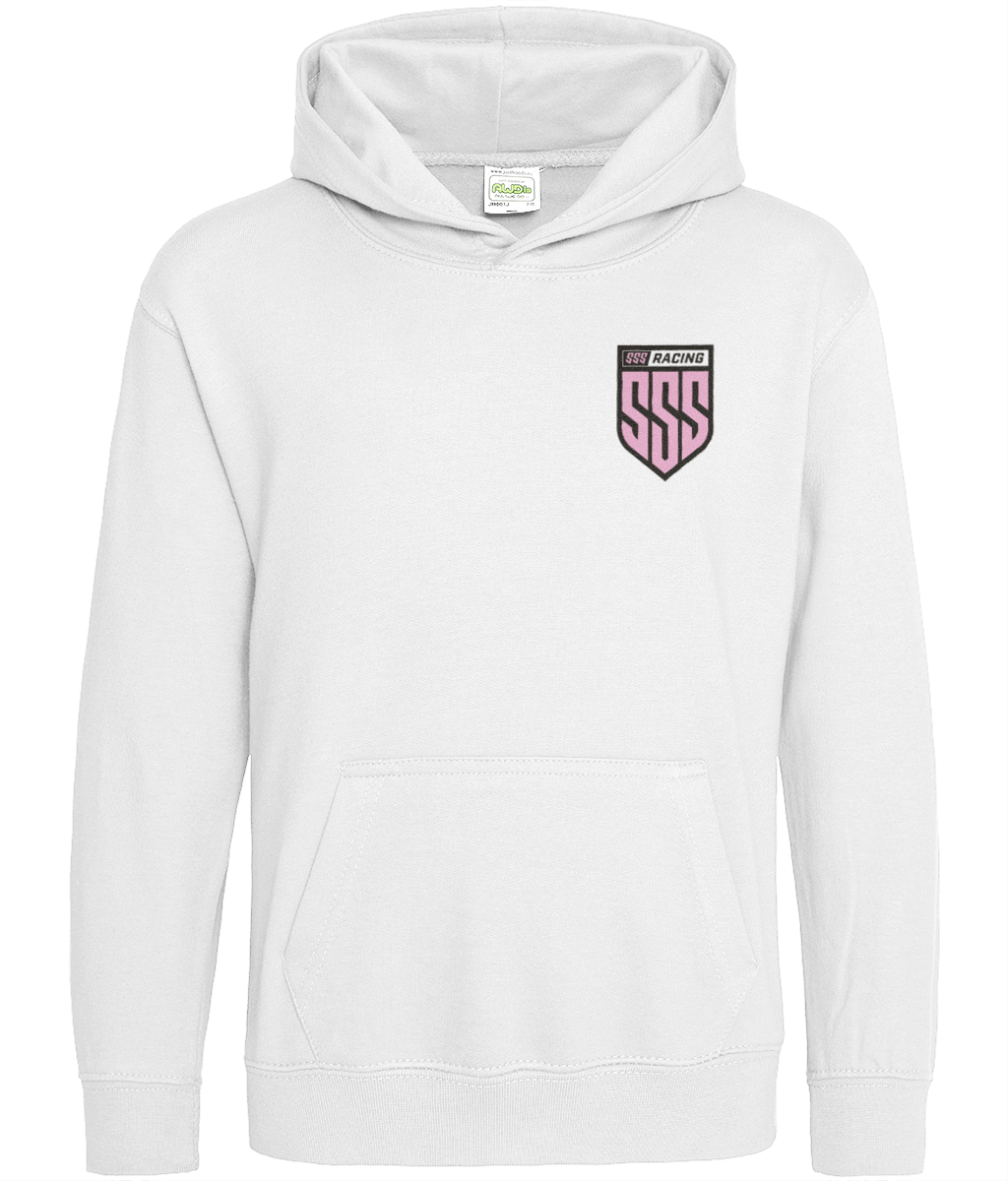 SSS Kids Hoodie (Unisex) in white cotton fleece featuring pink SSS Racing shield logo on chest, cozy cuffs, front pocket.