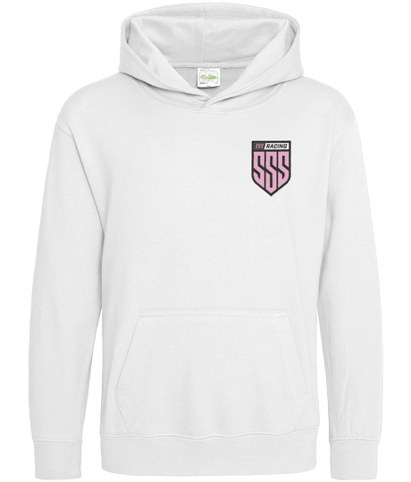 SSS Kids Hoodie (Unisex) in white cotton fleece featuring pink SSS Racing shield logo on chest, cozy cuffs, front pocket.