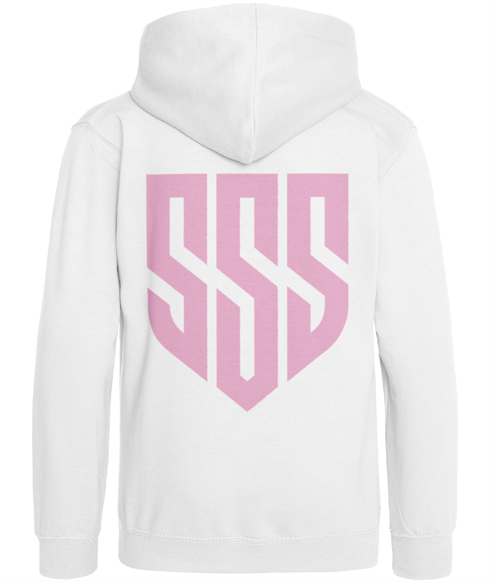 SSS Kids Hoodie (Unisex) by SSS Racing, white cotton-blend fleece with large pastel pink geometric logo on back, unique print